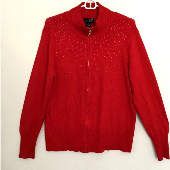 questions Sweaters - QUESTIONS Full Zip Rhinestone Embellished Red Cardigan Mock Neck Size L